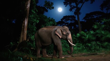 Fototapeta premium Elephant walks in jungle at night. Full moon shines in dark sky over trees. Wild animal moves through forest vegetation. Rich green plants surround large mammal.