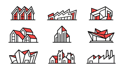 Modern Architecture Building Icons Set, Red and White Abstract Structures © Saiful