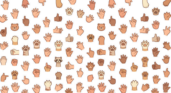 Hands Emoji Pattern Set with Brown and White Cute Bear Paw and Thumbs-Up Icons in a Seamless Repeating Layout