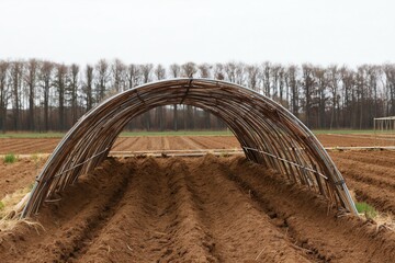 Fototapeta premium Farm field with empty hoop greenhouse structure ready for spring planting. Plowed brown earth rows stretch to bare trees under overcast sky. Agricultural land awaits new crops.