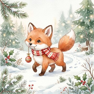 sweet baby fox wearing a festive scarf and carrying a tiny Christmas ornament, soft watercolor nursery style