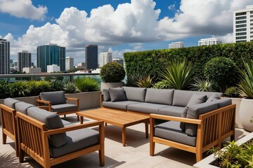 Obraz premium Miami rooftop garden with wood furniture and green plants. City skyline offers panoramic view. Modern outdoor space for relaxation and urban living.