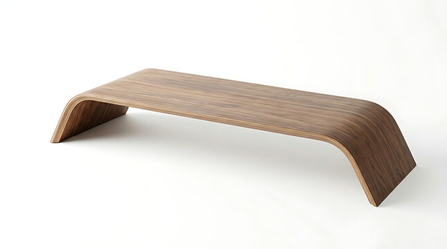 Sleek curved wooden monitor stand riser, modern minimalist design, isolated