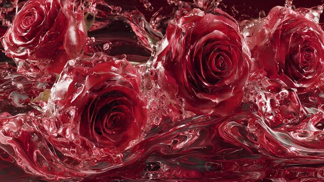 Vibrant red roses immersed in swirling crimson liquid with dynamic splashes.