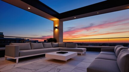 Obraz premium Modern rooftop terrace with grey sofa and white table. Balcony overlooks city skyline at sunset with colorful sky. Elegant outdoor living space perfect for relaxation and entertaining guests.