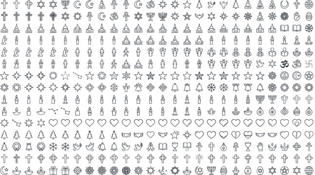Religious Icons Doodle Set with Stars, Candles, Menorahs, Cross, and Peace Symbols in Line Art Featuring Star of David, Menorah, Candle with Moon