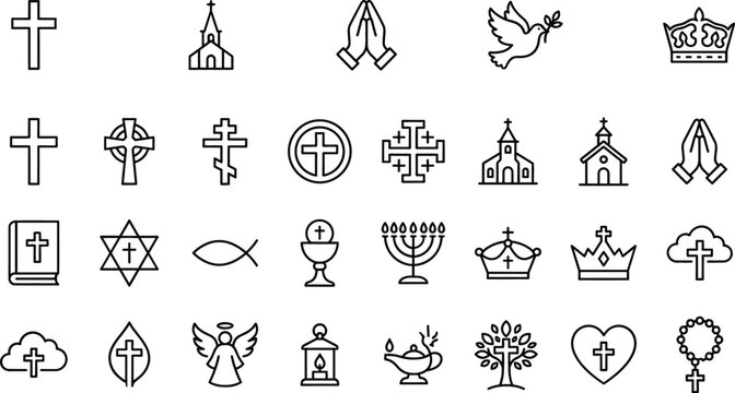 Religious Icons Set with Church Crosses, Dove, Crown, Prayer Hands, Menorah, and Chalice Symbols in Black Line Style