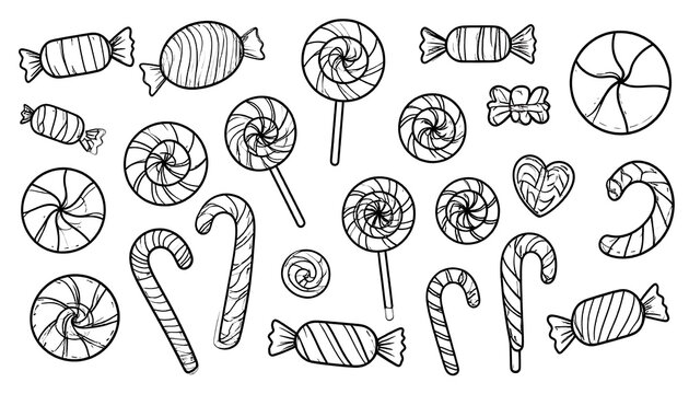 Black and white illustration of various candies, including lollipops, hard candies, and candy canes, arranged on a white background
