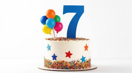 Obraz premium White birthday cake decorated with colorful stars and sprinkles. A big blue number seven topper and small balloons celebrate a childs special day.