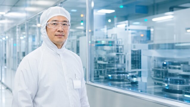 Male technician in cleanroom suit in manufacturing factory