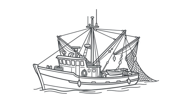 Commercial fishing trawler boat with nets line art illustration.