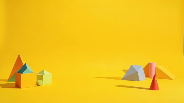 Bright yellow studio setup with playful geometric display props