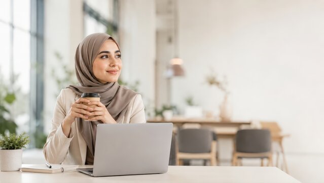 Muslim Businesswoman in Hijab with Laptop in Modern Office