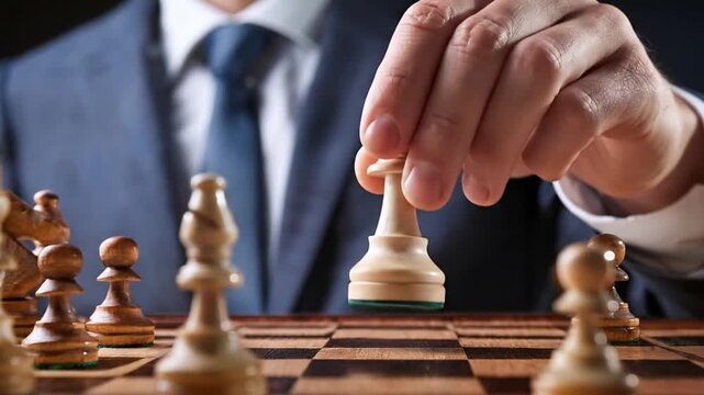 Businessman's hand moving a white chess queen piece on a wooden board during a game