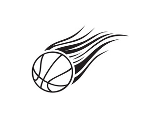 Flying basketball vector illustration with flame trail, black silhouette isolated on white background. Fast basketball ball fireball, speed motion sport tournament logo design. © Ruli