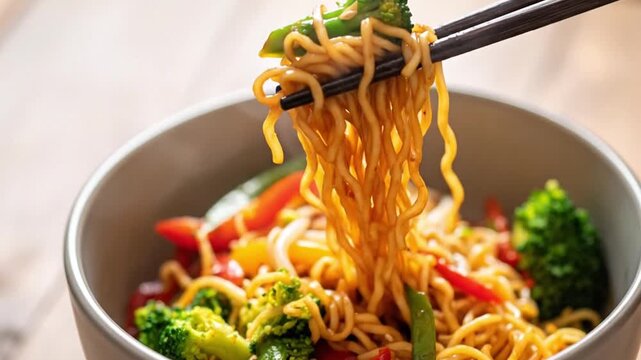 Close-up of stir-fried noodles with fresh broccoli and bell peppers being eaten with chopsticks