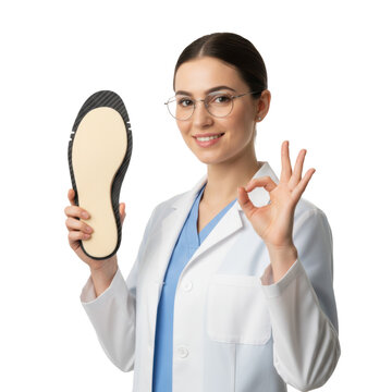 Young caucasian female podiatrist in light blue scrubs and white coat, smiling, holding an orthopedic insole and giving an okay sign in bright, shadowless light, professional endorsement concept