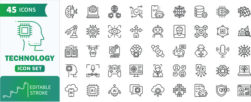 Artificial intelligence line icons set with editable stroke. Set of 45 icons representing artificial intelligence, machine learning, robotics, and neural networks