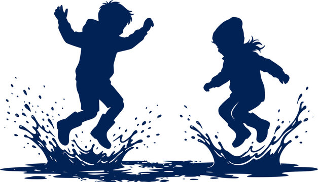 Kids Jumping in Puddles Silhouette Vector. Happy Children Splashing Water, Playful Rainy Day Outdoor Activity Graphic Isolated on White Background