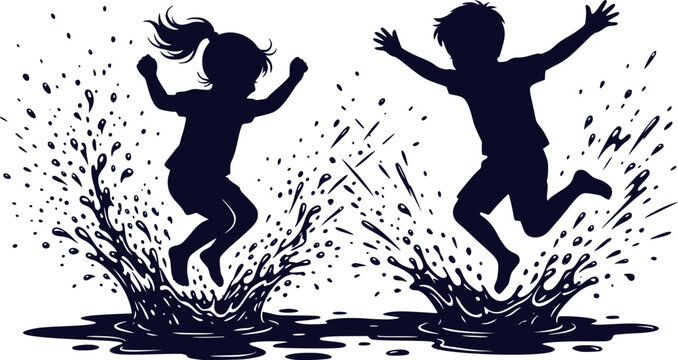 Kids Jumping in Puddles Silhouette Vector. Happy Children Splashing Water, Playful Rainy Day Outdoor Activity Graphic Isolated on White Background