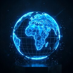 Naklejka premium Digital Earth Hologram: Global Network, Futuristic Technology, Blue Neon Globe