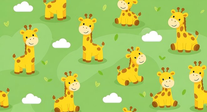 Cute cartoon giraffes in a vibrant green grassy field with fluffy clouds