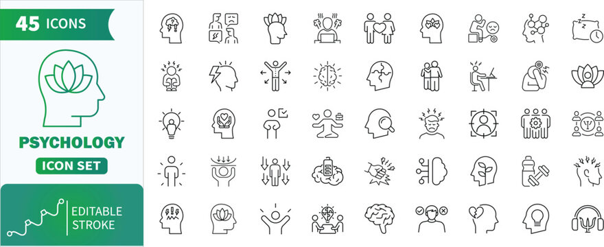 Psychology line icons set with editable stroke. Set of 45 icons representing concepts of illustrating mental health, therapy, mind, and emotional states
