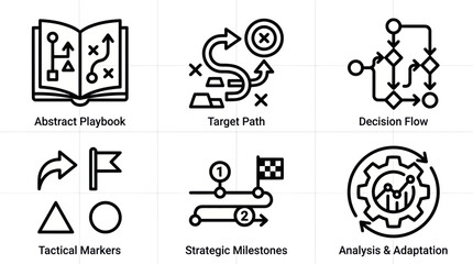 Fototapeta premium Business Strategy Icons: Playbook, Target, Decision Flow, Milestones, Analysis
