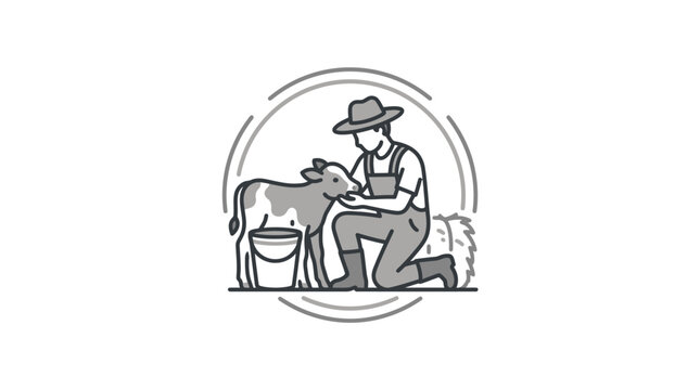 Farmer feeding young calf inside circular rustic frame.