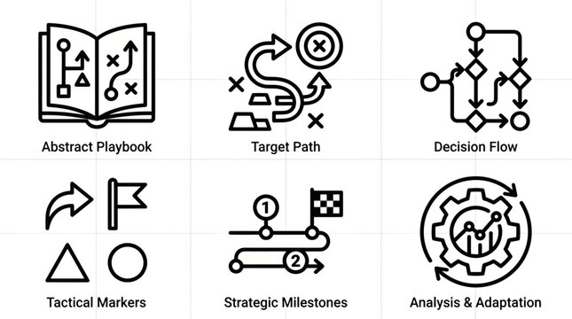 Business Strategy Icons: Playbook, Target, Decision Flow, Milestones, Analysis