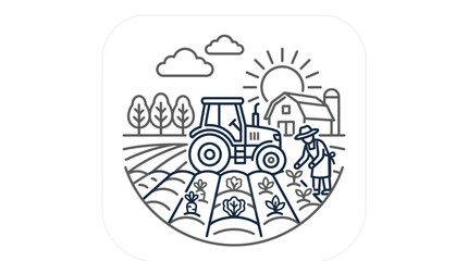 Circular farm scene with tractor farmer and barn icon. © Ucul