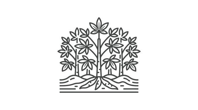 Cassava plant with edible roots underground line art icon.