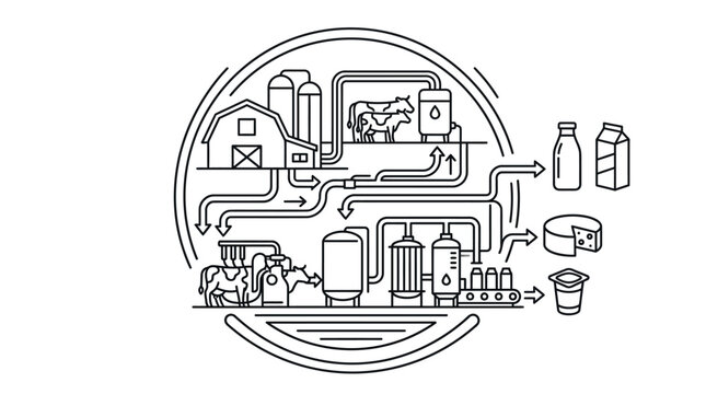 Circular dairy industry supply chain and processing icon.