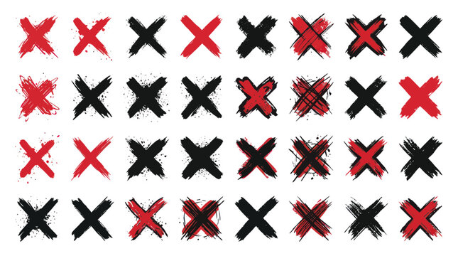 Hand-drawn red and black 'X' marks, grunge style, isolated on white background