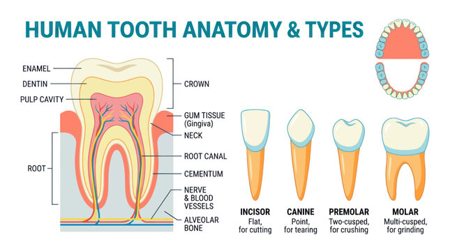 Human Tooth Anatomy and Types: Incisor, Canine, Premolar, Molar Explained