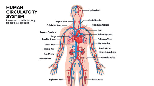 Human Circulatory System Anatomy Diagram - Heart, Arteries, Veins