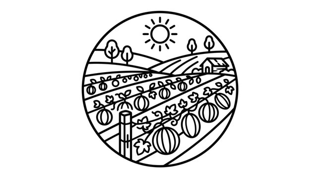 Circular farm landscape with pumpkin field and farmhouse icon.