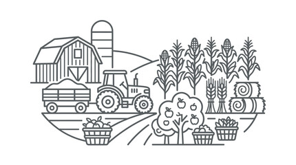 Detailed panoramic farm landscape with tractor and barn buildings. © Ucul