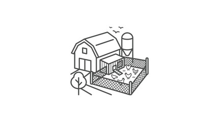 Farm barn with silo and chicken coop line illustration. © Ucul