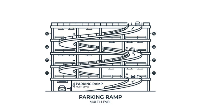 Multi-level parking ramp illustration with cars and ramps, clean line art design