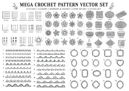 Mega crochet pattern vector set, vintage knitting stitches and floral lace borders, decorative home decor frames and kitchen craft elements
