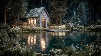 Fototapeta premium Enchanting Forest Chapel Reflecting in Serene Lake at Twilight.