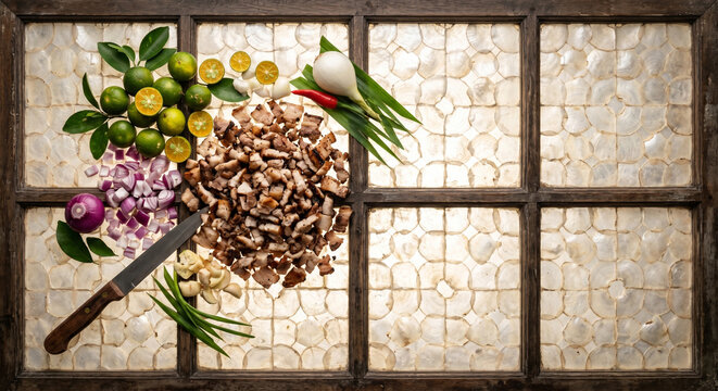 Flat lay of Sisig ingredients on Capiz shell