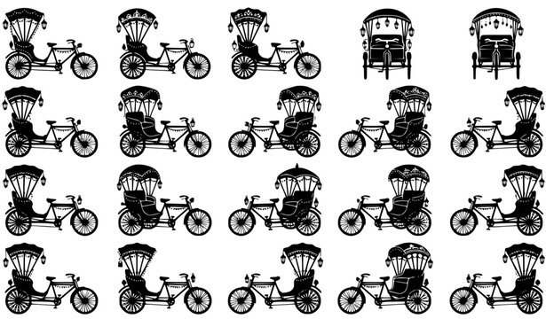 Decorated Cycle Rickshaw with Lights Black Silhouette Vector Bundle Isolated