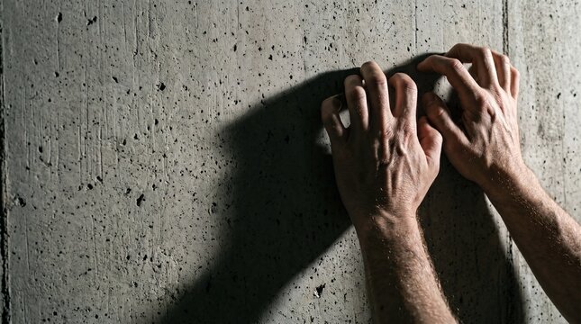 Desperate man clawing bare concrete wall close up, abstract mental health crisis, anxiety panic attack and feeling trapped conceptual illustration