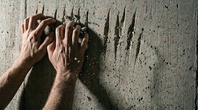 Desperate man clawing stone wall with debris and dust flying, aggressive scratch marks on concrete, abstract mental health crisis, panic attack and explosion of stress conceptual illustration