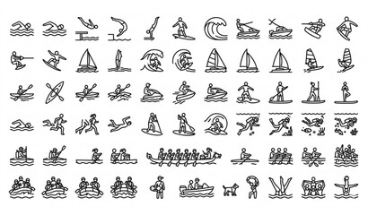 Fototapeta premium Extensive collection of water sports and marine activities line icons, featuring swimming, sailing, surfing, diving, and rowing