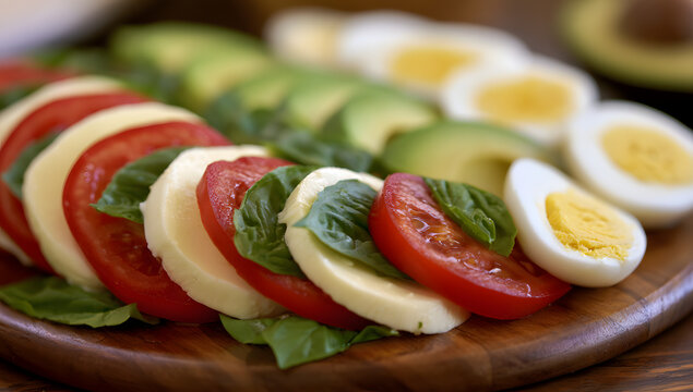 Eggs, mozzarella, and avocado are featured in a delicious caprese salad served on a platter.