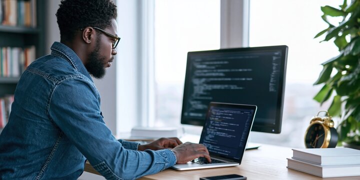 Developer and programmer coding software on a laptop in a modern home workspace