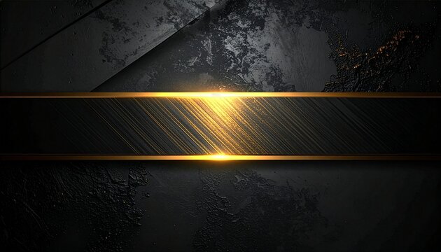 Abstract luxury dark metallic background with horizontal brushed gold banner and bright light reflections